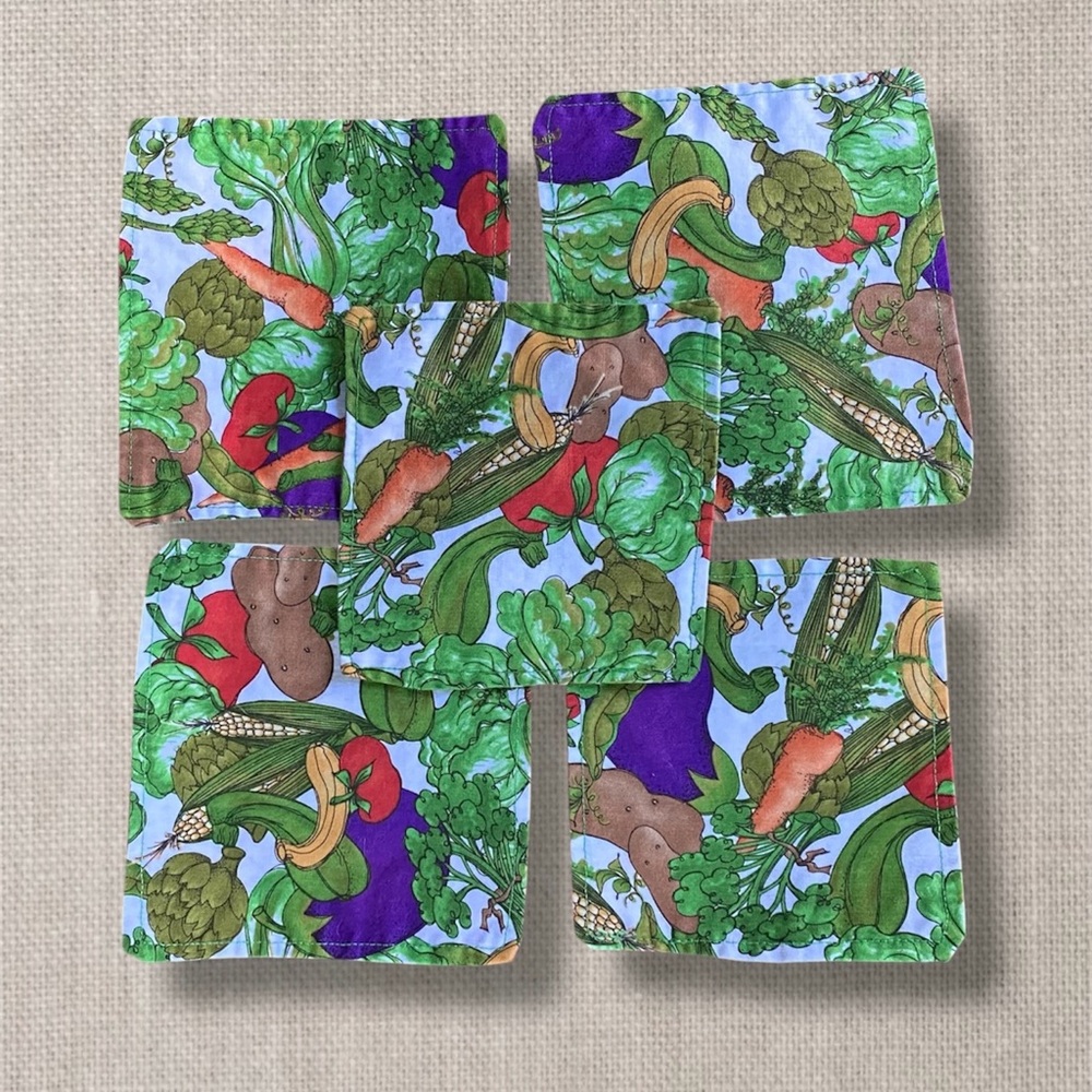 Handmade Vintage Garden Veggie Print Fabric Mug Rug Coasters (Set Of 5)